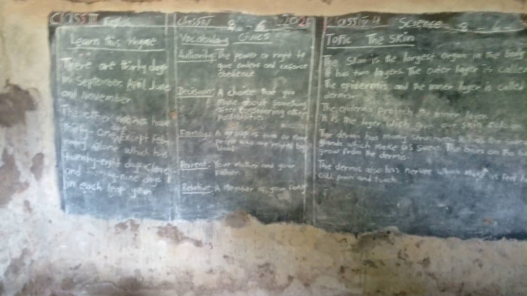 Lessons handwritten on a classroom chalkboard in Sierra Leone