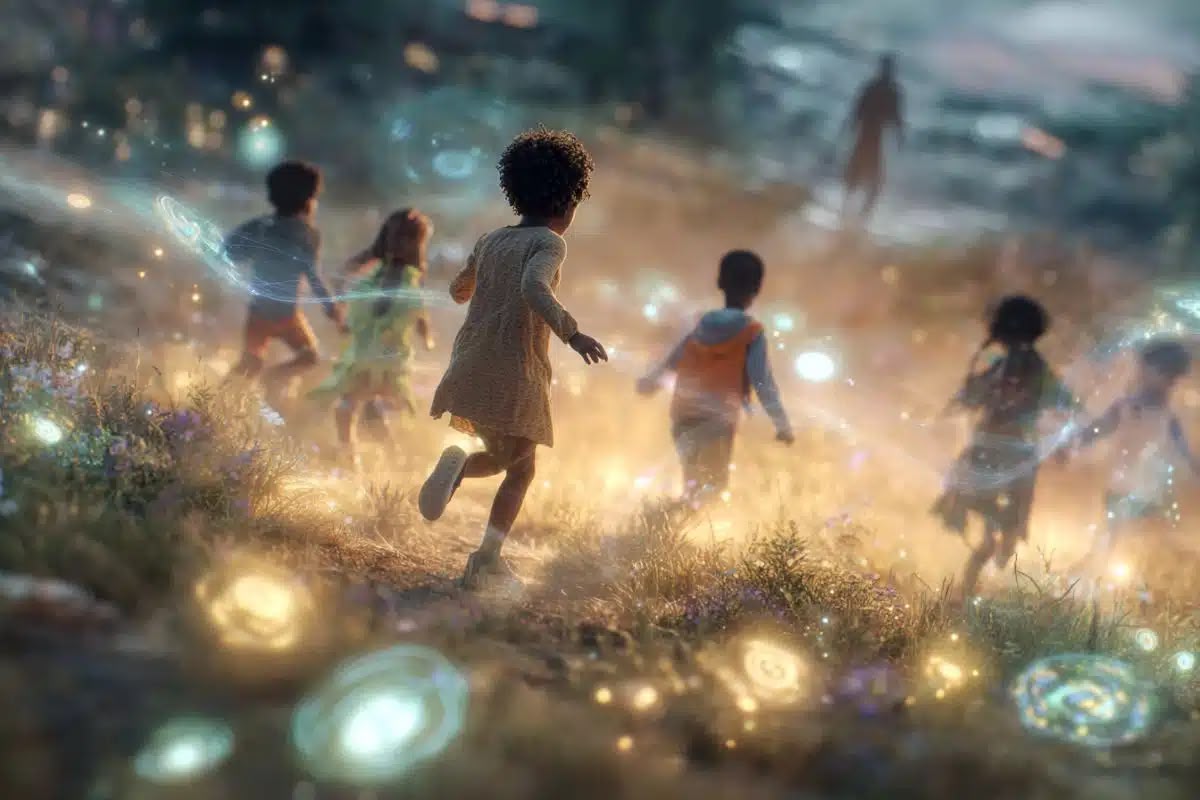 Happy children playing together in a golden sunset field